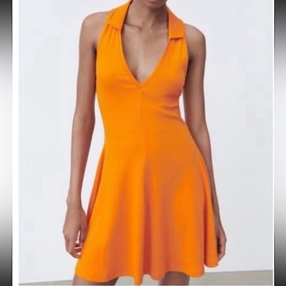 NWOT ZARA LAPEL COLLAR RIB SKATER DRESS ORANGE TENNIS SIZE LARGE